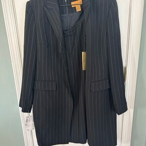 Classiques Entier Pinstripe Black Blazer and sleeveless sheath dress.